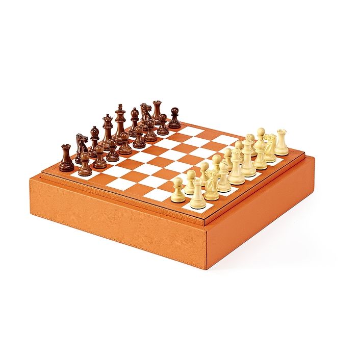 Spielesammlung (Mühle, Dame, Schach, Domino), Leder, Orange, Bild 1