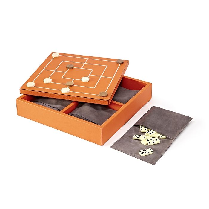 Spielesammlung (Mühle, Dame, Schach, Domino), Leder, Orange, Bild 2